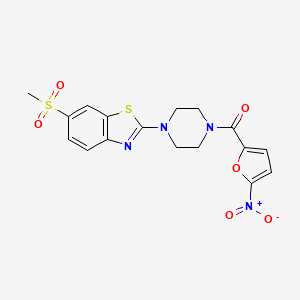 molecular formula C17H16N4O6S2 B2913159 (4-(6-(甲基磺酰基)苯并[d]噻唑-2-基)哌嗪-1-基)(5-硝基呋喃-2-基)甲酮 CAS No. 923513-89-7
