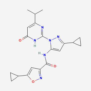 molecular formula C20H22N6O3 B2913250 5-cyclopropyl-N-(3-cyclopropyl-1-(4-isopropyl-6-oxo-1,6-dihydropyrimidin-2-yl)-1H-pyrazol-5-yl)isoxazole-3-carboxamide CAS No. 1207018-73-2