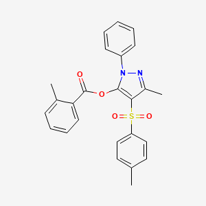 molecular formula C25H22N2O4S B2913269 3-methyl-1-phenyl-4-tosyl-1H-pyrazol-5-yl 2-methylbenzoate CAS No. 851093-20-4