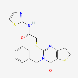 molecular formula C18H16N4O2S3 B2913282 2-((3-苄基-4-氧代-3,4,6,7-四氢噻吩并[3,2-d]嘧啶-2-基)硫代)-N-(噻唑-2-基)乙酰胺 CAS No. 877618-80-9