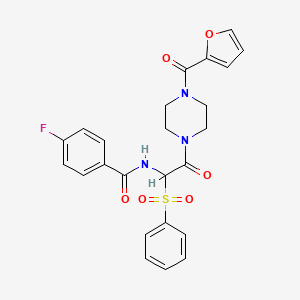 molecular formula C24H22FN3O6S B2913300 N-[1-(benzenesulfonyl)-2-[4-(furan-2-carbonyl)piperazin-1-yl]-2-oxoethyl]-4-fluorobenzamide CAS No. 1025032-86-3