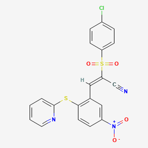 molecular formula C20H12ClN3O4S2 B2913332 2-((4-Chlorophenyl)sulfonyl)-3-(5-nitro-2-(2-pyridylthio)phenyl)prop-2-enenitrile CAS No. 1025241-27-3