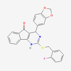 molecular formula C25H17FN2O3S B2913355 4-(1,3-benzodioxol-5-yl)-2-[(2-fluorobenzyl)sulfanyl]-1,4-dihydro-5H-indeno[1,2-d]pyrimidin-5-one CAS No. 861211-16-7