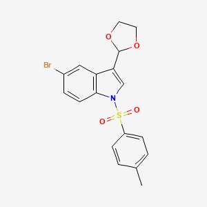 molecular formula C18H16BrNO4S B2913411 5-bromo-3-(1,3-dioxolan-2-yl)-1-(4-methylbenzenesulfonyl)-1H-indole CAS No. 1803597-25-2