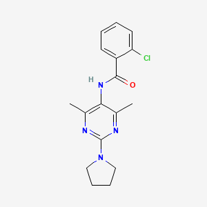 molecular formula C17H19ClN4O B2913426 2-chloro-N-(4,6-dimethyl-2-(pyrrolidin-1-yl)pyrimidin-5-yl)benzamide CAS No. 1448037-37-3