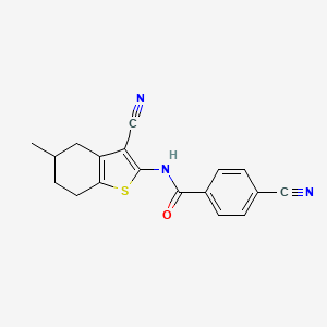 molecular formula C18H15N3OS B2913429 4-cyano-N-(3-cyano-5-methyl-4,5,6,7-tetrahydrobenzo[b]thiophen-2-yl)benzamide CAS No. 328539-91-9