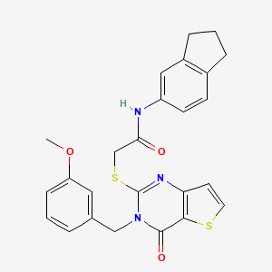 molecular formula C25H23N3O3S2 B2913432 N-(2,3-dihydro-1H-inden-5-yl)-2-{[3-(3-methoxybenzyl)-4-oxo-3,4-dihydrothieno[3,2-d]pyrimidin-2-yl]sulfanyl}acetamide CAS No. 1252930-65-6