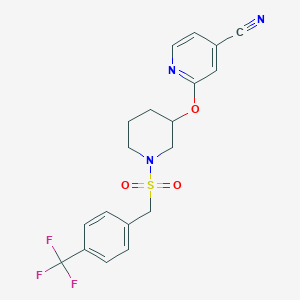 molecular formula C19H18F3N3O3S B2913479 2-((1-((4-(Trifluoromethyl)benzyl)sulfonyl)piperidin-3-yl)oxy)isonicotinonitrile CAS No. 2034580-87-3