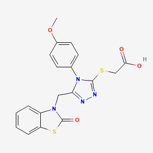 molecular formula C19H16N4O4S2 B2913508 2-((4-(4-methoxyphenyl)-5-((2-oxobenzo[d]thiazol-3(2H)-yl)methyl)-4H-1,2,4-triazol-3-yl)thio)acetic acid CAS No. 862829-58-1