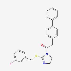 molecular formula C24H21FN2OS B2913520 1-[2-[(3-Fluorophenyl)methylsulfanyl]-4,5-dihydroimidazol-1-yl]-2-(4-phenylphenyl)ethanone CAS No. 862826-80-0