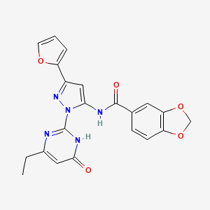 molecular formula C21H17N5O5 B2913545 N-(1-(4-ethyl-6-oxo-1,6-dihydropyrimidin-2-yl)-3-(furan-2-yl)-1H-pyrazol-5-yl)benzo[d][1,3]dioxole-5-carboxamide CAS No. 1207051-48-6