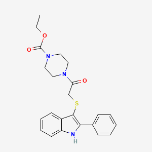 molecular formula C23H25N3O3S B2913547 ethyl 4-(2-((2-phenyl-1H-indol-3-yl)thio)acetyl)piperazine-1-carboxylate CAS No. 536702-52-0
