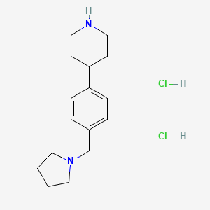 molecular formula C16H26Cl2N2 B2913555 4-{4-[(吡咯烷-1-基)甲基]苯基}哌啶二盐酸盐 CAS No. 2119115-38-5