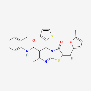 molecular formula C25H21N3O3S2 B2913571 (E)-7-methyl-2-((5-methylfuran-2-yl)methylene)-3-oxo-5-(thiophen-2-yl)-N-(o-tolyl)-3,5-dihydro-2H-thiazolo[3,2-a]pyrimidine-6-carboxamide CAS No. 627038-84-0