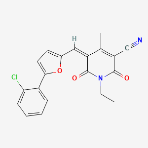 molecular formula C20H15ClN2O3 B2913572 (5Z)-5-{[5-(2-chlorophenyl)furan-2-yl]methylidene}-1-ethyl-4-methyl-2,6-dioxo-1,2,5,6-tetrahydropyridine-3-carbonitrile CAS No. 879932-65-7
