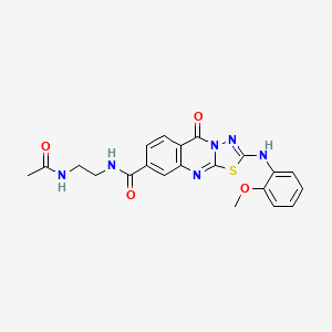 molecular formula C21H20N6O4S B2913579 N-[2-({2-[(2-methoxyphenyl)amino]-5-oxo-5H-[1,3,4]thiadiazolo[2,3-b]quinazolin-8-yl}formamido)ethyl]acetamide CAS No. 894252-63-2