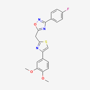 molecular formula C20H16FN3O3S B2913584 5-((4-(3,4-Dimethoxyphenyl)thiazol-2-yl)methyl)-3-(4-fluorophenyl)-1,2,4-oxadiazole CAS No. 1172300-09-2
