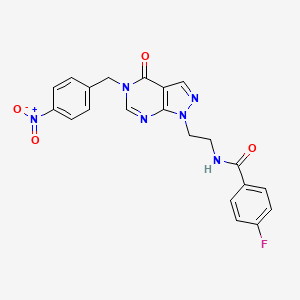 molecular formula C21H17FN6O4 B2913585 4-氟-N-(2-(5-(4-硝基苄基)-4-氧代-4,5-二氢-1H-吡唑并[3,4-d]嘧啶-1-基)乙基)苯甲酰胺 CAS No. 922116-41-4