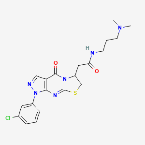 molecular formula C20H23ClN6O2S B2913593 2-(1-(3-chlorophenyl)-4-oxo-1,4,6,7-tetrahydropyrazolo[3,4-d]thiazolo[3,2-a]pyrimidin-6-yl)-N-(3-(dimethylamino)propyl)acetamide CAS No. 952835-80-2
