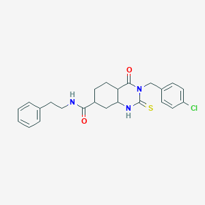 molecular formula C24H20ClN3O2S B2913683 3-[(4-chlorophenyl)methyl]-4-oxo-N-(2-phenylethyl)-2-sulfanylidene-1,2,3,4-tetrahydroquinazoline-7-carboxamide CAS No. 451466-72-1