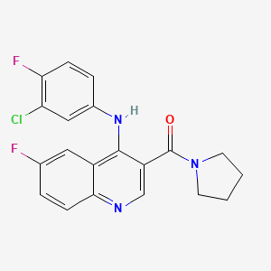 molecular formula C20H16ClF2N3O B2913757 (4-((3-Chloro-4-fluorophenyl)amino)-6-fluoroquinolin-3-yl)(pyrrolidin-1-yl)methanone CAS No. 1357729-31-7