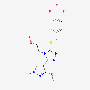 molecular formula C18H20F3N5O2S B2913909 3-(3-methoxy-1-methyl-1H-pyrazol-4-yl)-4-(2-methoxyethyl)-5-((4-(trifluoromethyl)benzyl)thio)-4H-1,2,4-triazole CAS No. 1014095-14-7