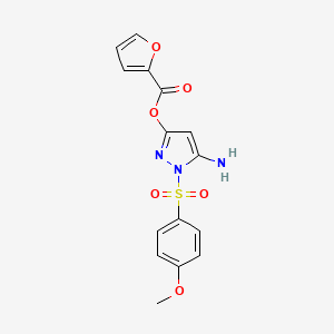 molecular formula C15H13N3O6S B2914033 Furan-2-carboxylic acid 5-amino-1-(4-methoxy-benzenesulfonyl)-1H-pyrazol-3-yl ester CAS No. 442679-49-4