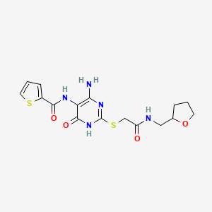 molecular formula C16H19N5O4S2 B2914042 N-(4-氨基-6-氧代-2-((2-氧代-2-(((四氢呋喃-2-基)甲基)氨基)乙基)硫代)-1,6-二氢嘧啶-5-基)噻吩-2-甲酰胺 CAS No. 868225-76-7