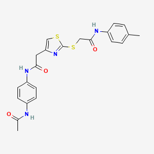 molecular formula C22H22N4O3S2 B2914082 N-(4-acetamidophenyl)-2-(2-((2-oxo-2-(p-tolylamino)ethyl)thio)thiazol-4-yl)acetamide CAS No. 942001-70-9