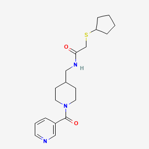 molecular formula C19H27N3O2S B2914087 2-(环戊基硫代)-N-((1-烟酰基哌啶-4-基)甲基)乙酰胺 CAS No. 1448053-37-9