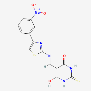 molecular formula C14H9N5O4S2 B2914094 5-(((4-(3-硝基苯基)噻唑-2-基)氨基)亚甲基)-2-硫代二氢嘧啶-4,6(1H,5H)-二酮 CAS No. 1021229-96-8