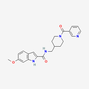 molecular formula C22H24N4O3 B2914145 6-甲氧基-N-((1-烟酰基哌啶-4-基)甲基)-1H-吲哚-2-甲酰胺 CAS No. 1797247-41-6