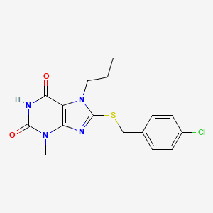 molecular formula C16H17ClN4O2S B2914176 8-(4-Chloro-benzylsulfanyl)-3-methyl-7-propyl-3,7-dihydro-purine-2,6-dione CAS No. 331751-81-6