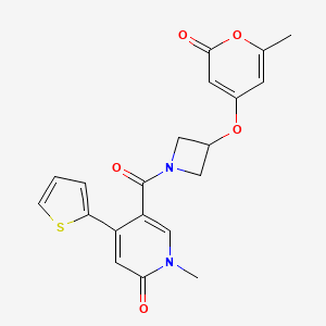 molecular formula C20H18N2O5S B2914182 1-methyl-5-(3-((6-methyl-2-oxo-2H-pyran-4-yl)oxy)azetidine-1-carbonyl)-4-(thiophen-2-yl)pyridin-2(1H)-one CAS No. 2034310-05-7
