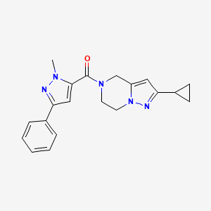 molecular formula C20H21N5O B2914207 (2-cyclopropyl-6,7-dihydropyrazolo[1,5-a]pyrazin-5(4H)-yl)(1-methyl-3-phenyl-1H-pyrazol-5-yl)methanone CAS No. 2034333-55-4
