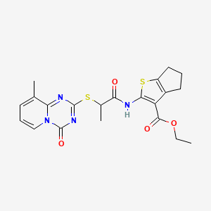 molecular formula C21H22N4O4S2 B2914231 ethyl 2-(2-((9-methyl-4-oxo-4H-pyrido[1,2-a][1,3,5]triazin-2-yl)thio)propanamido)-5,6-dihydro-4H-cyclopenta[b]thiophene-3-carboxylate CAS No. 896342-95-3
