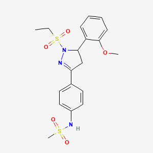 molecular formula C19H23N3O5S2 B2914318 N-(4-(1-(乙磺酰基)-5-(2-甲氧基苯基)-4,5-二氢-1H-吡唑-3-基)苯基)甲磺酰胺 CAS No. 852140-88-6