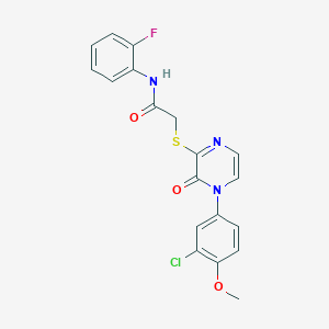 2-((4-(3-chloro-4-methoxyphenyl)-3-oxo-3,4-dihydropyrazin-2-yl)thio)-N-(2-fluorophenyl)acetamide