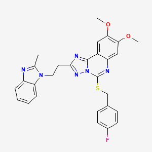 molecular formula C28H25FN6O2S B2914386 5-[(4-fluorobenzyl)thio]-8,9-dimethoxy-2-[2-(2-methyl-1H-benzimidazol-1-yl)ethyl][1,2,4]triazolo[1,5-c]quinazoline CAS No. 901736-69-4