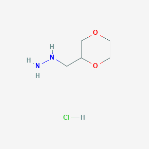 molecular formula C5H13ClN2O2 B2914392 (1,4-Dioxan-2-ylmethyl)hydrazine hydrochloride CAS No. 1330756-20-1; 1390654-63-3