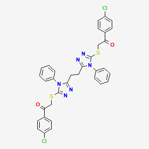 molecular formula C34H26Cl2N6O2S2 B2914487 1-(4-Chlorophenyl)-2-[[5-[2-[5-[2-(4-chlorophenyl)-2-oxoethyl]sulfanyl-4-phenyl-1,2,4-triazol-3-yl]ethyl]-4-phenyl-1,2,4-triazol-3-yl]sulfanyl]ethanone CAS No. 500267-71-0
