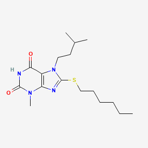molecular formula C17H28N4O2S B2914493 8-Hexylsulfanyl-3-methyl-7-(3-methyl-butyl)-3,7-dihydro-purine-2,6-dione CAS No. 327168-68-3