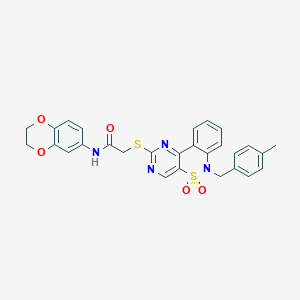 molecular formula C28H24N4O5S2 B2914496 N-(2,3-dihydro-1,4-benzodioxin-6-yl)-2-{[6-(4-methylbenzyl)-5,5-dioxido-6H-pyrimido[5,4-c][2,1]benzothiazin-2-yl]thio}acetamide CAS No. 1112418-93-5