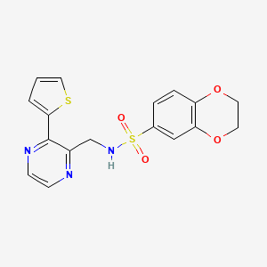 molecular formula C17H15N3O4S2 B2914513 N-((3-(thiophen-2-yl)pyrazin-2-yl)methyl)-2,3-dihydrobenzo[b][1,4]dioxine-6-sulfonamide CAS No. 2034241-50-2
