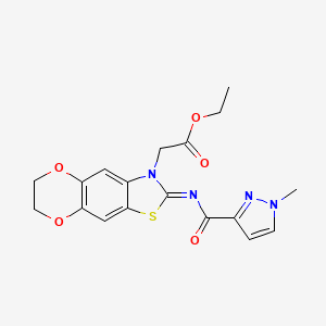 molecular formula C18H18N4O5S B2914601 (Z)-ethyl 2-(2-((1-methyl-1H-pyrazole-3-carbonyl)imino)-6,7-dihydro-[1,4]dioxino[2',3':4,5]benzo[1,2-d]thiazol-3(2H)-yl)acetate CAS No. 1203443-38-2