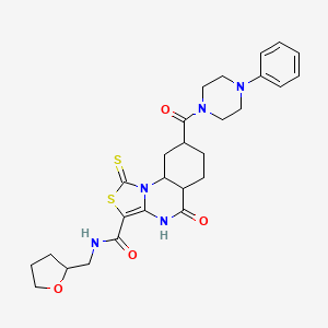 molecular formula C27H27N5O4S2 B2914608 5-oxo-N-[(oxolan-2-yl)methyl]-8-(4-phenylpiperazine-1-carbonyl)-1-sulfanylidene-1H,4H,5H-[1,3]thiazolo[3,4-a]quinazoline-3-carboxamide CAS No. 896383-42-9