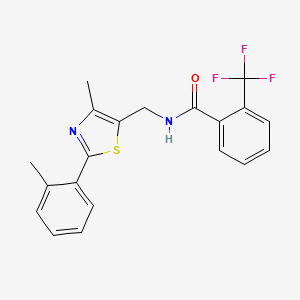 molecular formula C20H17F3N2OS B2914754 N-((4-methyl-2-(o-tolyl)thiazol-5-yl)methyl)-2-(trifluoromethyl)benzamide CAS No. 1448074-55-2