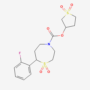 molecular formula C16H20FNO6S2 B2914819 1,1-Dioxidotetrahydrothiophen-3-yl 7-(2-fluorophenyl)-1,4-thiazepane-4-carboxylate 1,1-dioxide CAS No. 2319786-38-2