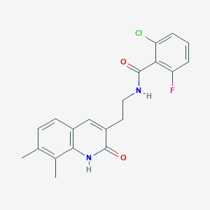 molecular formula C20H18ClFN2O2 B2914877 2-氯-N-[2-(7,8-二甲基-2-氧代-1H-喹啉-3-基)乙基]-6-氟苯甲酰胺 CAS No. 851407-65-3