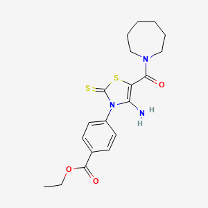 molecular formula C19H23N3O3S2 B2914907 ethyl 4-[4-amino-5-(azepane-1-carbonyl)-2-sulfanylidene-2,3-dihydro-1,3-thiazol-3-yl]benzoate CAS No. 946371-26-2